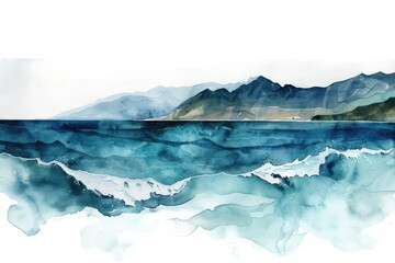 Poster - Watercolor illustration of ocean waves meeting mountain peaks, suitable for use in travel, nature, or adventure-themed designs