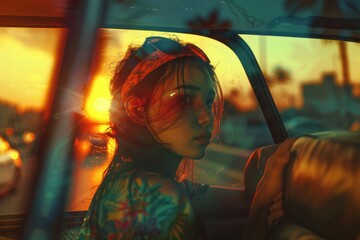 Aufkleber - A woman sits in the passenger seat of a car, possibly waiting or traveling