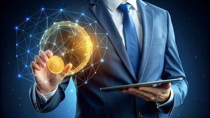 Businessman Holding a Golden Coin in Front of a Digital Globe - A businessman in a suit holds a golden coin in his right hand. The coin is in front of a glowing digital globe, representing the connect