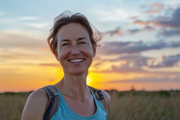 Canvas Print - Portrait of a merry caucasian woman in her 30s sporting a breathable hiking shirt in front of vibrant sunset horizon