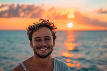 Wall Mural - Portrait of a cheerful caucasian man in his 30s donning a trendy cropped top isolated on vibrant sunset horizon