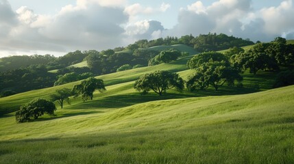 Wall Mural - Lush green hillside with trees and clouds in the background, suitable for travel or nature-themed projects