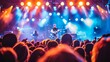 © BrightWhite - Electrifying rock concert with diverse crowd; colorful stage lights illuminating fans applauding, musicians performing live; nighttime music festival atmosphere.