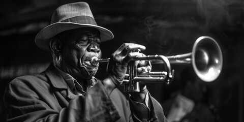 Poster - A man wearing a hat plays a trumpet on the street or stage