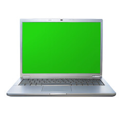 silver laptop with green screen isolated on transparent background