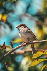 Poster - A small bird is perched on a branch of a tree, surrounded by leaves and maybe some berries or fruits