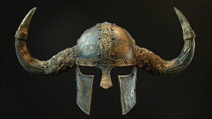 Poster - Close-up view of a helmet with horns on a dark background, suitable for fantasy or mythology-themed projects
