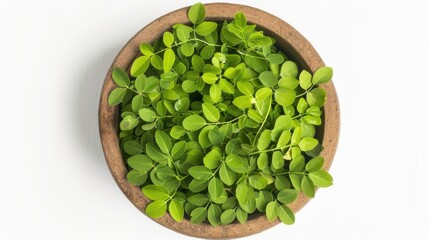 Poster - A wooden bowl filled with a variety of green leaves, perfect for decorating or as a prop in photography and film