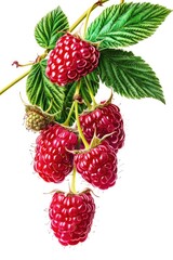 Wall Mural - A cluster of ripe raspberries growing on a stem surrounded by green leaves