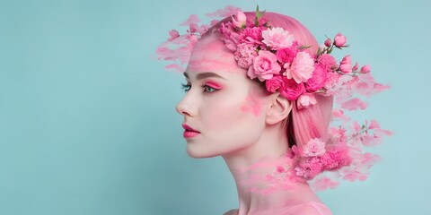 Wall Mural - Double collage, profile of a woman on a blue background and hair pink flowers, pink makeup wallpaper, generated by AI,