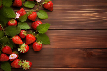 Wall Mural - fresh ripe strawberries and green leaves on wooden table background, summer vibes and fruit summer