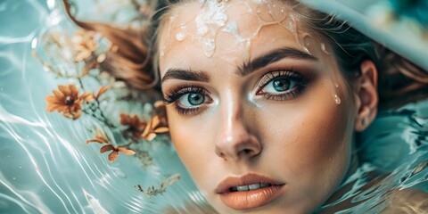 Woman's face in water, wet hair blue eyes, natural beauty in blue water with flowers, AI generated, wallpaper, background