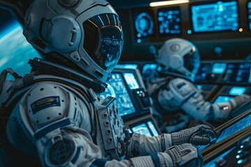 Two astronauts inside of a spaceship cockpit working on a digital control panel with a blue galaxy in the background