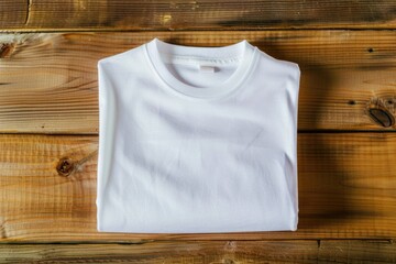 Poster - A white t-shirt sits on a wooden table, perfect for still life photography or as a prop for creative projects
