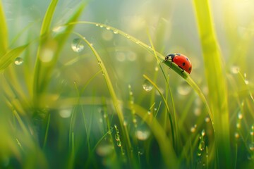 Wall Mural - A ladybug sits on a single blade of grass