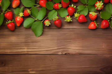 Wall Mural - fresh ripe strawberries and green leaves on wooden table background, summer vibes and fruit summer