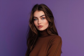 Canvas Print - A portrait of a young woman with long brown hair and blue eyes, possibly for editorial or commercial use