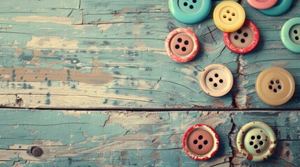 Instagram photo of vintage buttons placed on old textured table boards with space for text in retro style