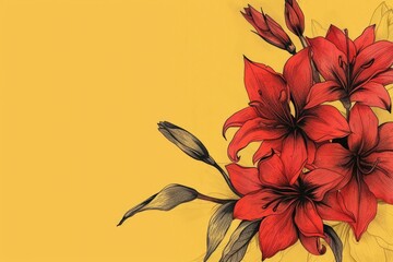 Poster - A picture of bright red flowers blooming on a sunny yellow background