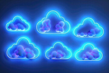 Poster - A set of glowing neon clouds on a dark blue or black background, ideal for sci-fi and futuristic themed projects