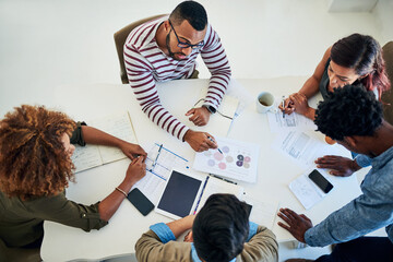 Poster - Business people, group and brainstorming in meeting, digital agency and planning for project. Above, employees and graphic designer with documents for feedback, projections for development and review