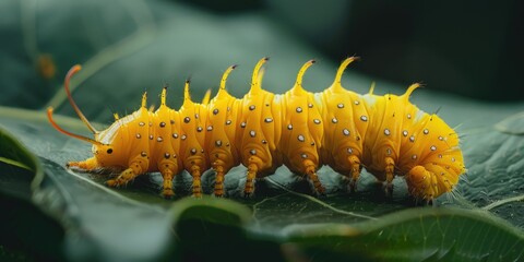 Poster - A close-up shot of a yellow caterpillar sitting on a leaf, providing a detailed view of the insect's body and texture
