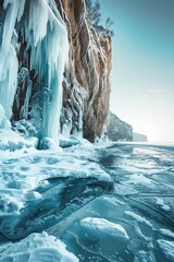 Aufkleber - A large ice-covered cliff overlooking a calm body of water