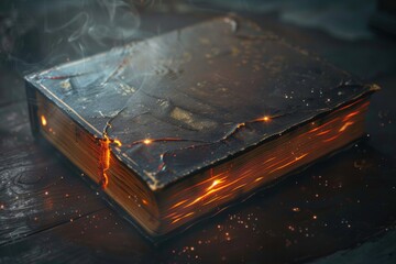 Poster - An old book with flames burning on the cover, sitting on a table