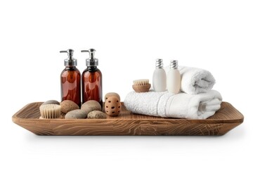 Poster - A wooden tray filled with bathroom necessities including a towel, soap, and more