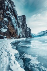 Poster - A frozen lake with ice and snow on the shore, great for winter scenes or climate change awareness