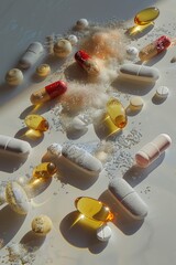 Wall Mural - A collection of pills and capsules on a table, ideal for use in medical or pharmaceutical contexts