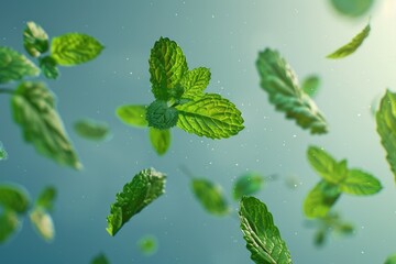 Poster - A group of green leaves suspended in mid-air, possibly from a tree or plant