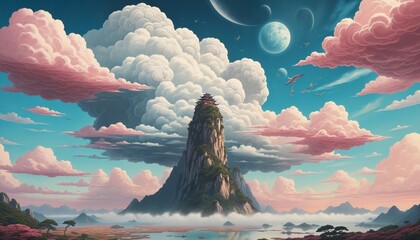 Wall Mural - Oceanic Dreams: A generative contemporary illustration with surreal sea silhouette and abstract graphic textures in a modern fantasy design