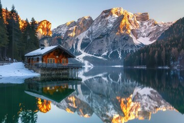 Wall Mural - enchanting alpine chalet reflected in crystalclear mountain lake surrounded by towering pine trees and snowcapped dolomite peaks at golden hour