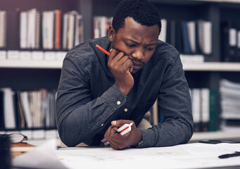 Aufkleber - Architecture, thinking and business black man with blueprint for design, floorplan and documents. Civil engineering, building and person in office for planning, research and construction project