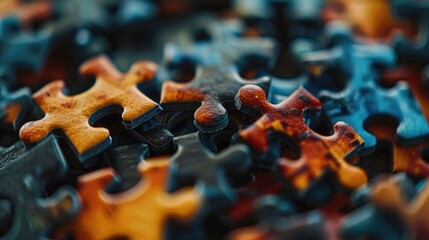Poster - A stack of interlocking puzzle pieces sitting on a table, ready for assembly