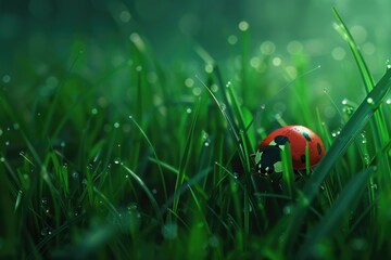 Wall Mural - A ladybug sits on the edge of a lush green field, surrounded by natural beauty