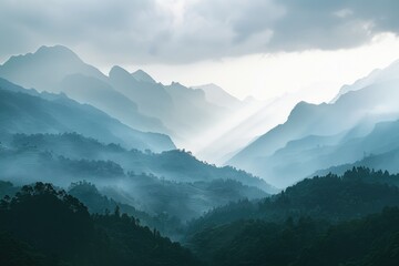Poster - A distant view of a mountain range with snow-capped peaks and lush valleys