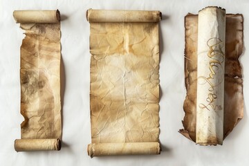 Poster - Three worn parchment pages with yellowed ink and handwritten text, suitable for use in historical or fantasy settings