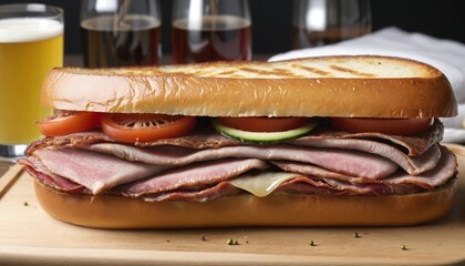 Wall Mural - Delicious Gourmet Rye Sandwich with Toasted Rye Bread and Grilled Meat