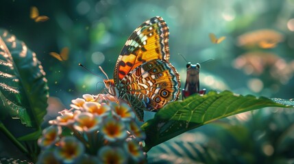 Sticker - AI generated illustration of a butterfly with intricate wing patterns resting on a blooming flower