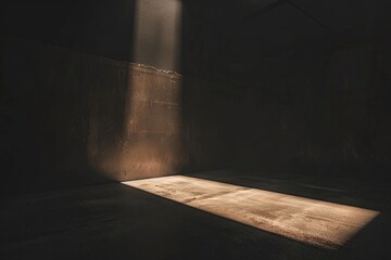 Poster - A dark room lit by a single beam of light from above, ideal for use in interior design or architecture images