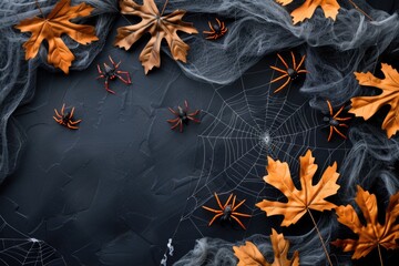 Poster - A spider web with orange leaves on a dark background