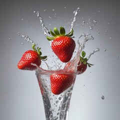 Juicy strawberry splashing in cool water - a refreshing snack for a hot summer day!