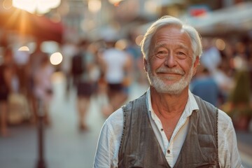 Wall Mural - Portrait of a satisfied caucasian man in his 60s dressed in a polished vest in busy urban street