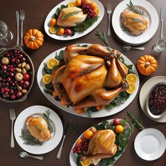 Wall Mural - A festive holiday feast featuring four succulent roasted turkeys surrounded by traditional Christmas side dishes on a beautifully set table