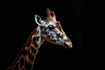 Aufkleber - A close-up view of a giraffe's head against a black background, great for animal-themed designs and projects