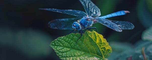 Wall Mural - Macro photograph of a blue dragonfly on a green leaf