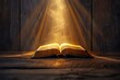 © Fotograf - A book lying open on a wooden table, lit by gentle light