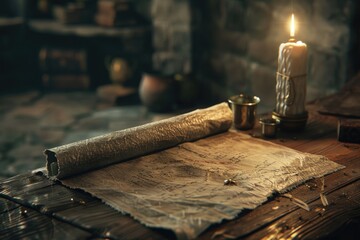 Aufkleber - A single roll of paper placed on top of a wooden table, perfect for office or study settings